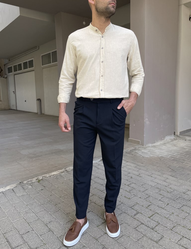 Ανδρικό μπλε υφασμάτινο παντελόνι με πιέτα και λάστιχο στην μέση FCL00295B φωτογραφία